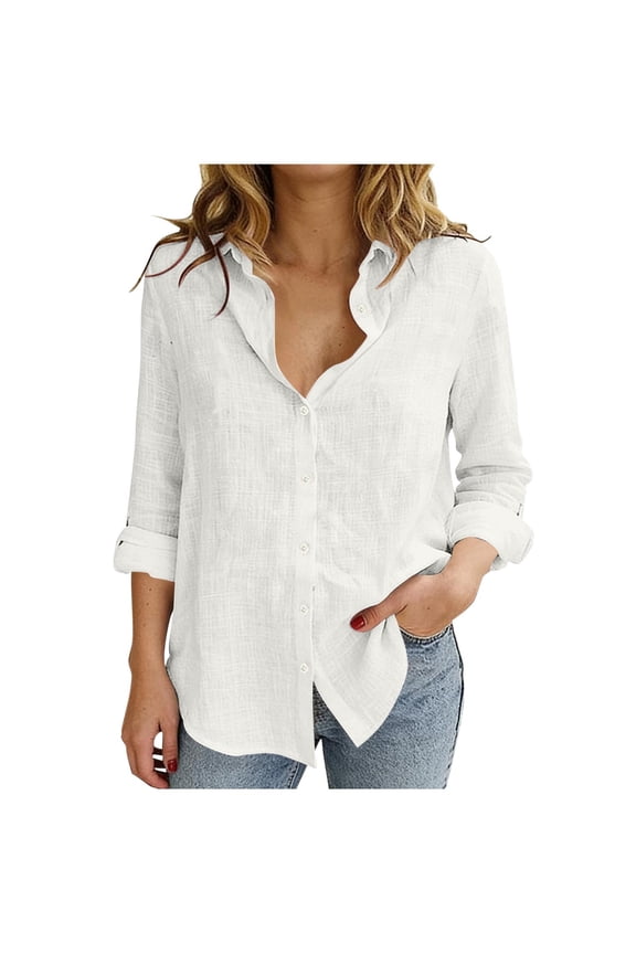 Womens Linen Shirts Casual Summer Lightweight Long Sleeve Button Down Blouse Collared Loose Fit Spring Office Work Tops White M