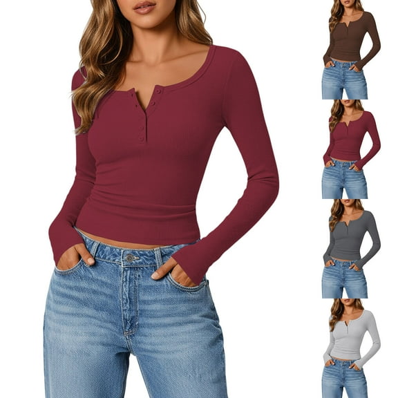 XPMWRP Womens Long Sleeve Henley T Shirts Button Ribbed Knit Slim Fitted Tee Tops Crew Neck Basic Casual Work Blouse Dark Gray XXL