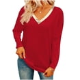 thumbnail image 1 of XPMWRP Womens Long Sleeve Oversized Tops V Neck Color Block Lightweight T Shirts Comfy Soft Loose Fit Fashion Pullover Red M, 1 of 7