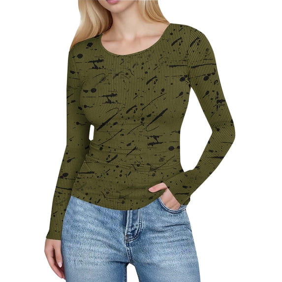 XPMWRP Womens Long Sleeve Shirts Ribbed Knit Slim Fit Tops Floral Printed Basic Tee Casual Stretch Crew Neck T-Shirts Green XL