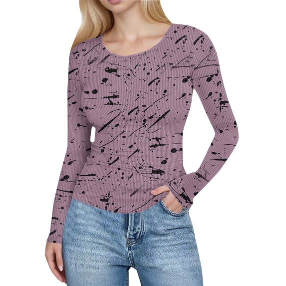 XPMWRP Womens Long Sleeve Shirts Ribbed Knit Slim Fit Tops Floral Printed Basic Tee Casual Stretch Crew Neck T-Shirts Pink XXL