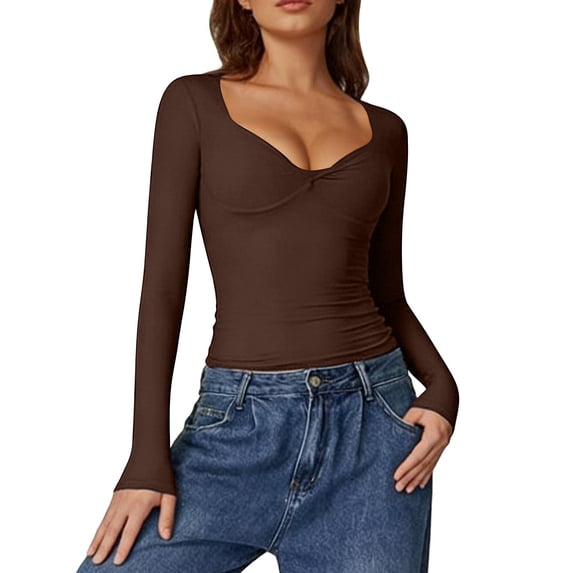 XPMWRP Womens Long Sleeve Twist Front V Neck T Shirts Slim Fit Trendy Solid Color Spring Casual Tops Tee Brown XL