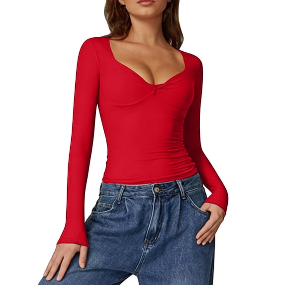 XPMWRP Womens Long Sleeve Twist Front V Neck T Shirts Slim Fit Trendy Solid Color Spring Casual Tops Tee Red L