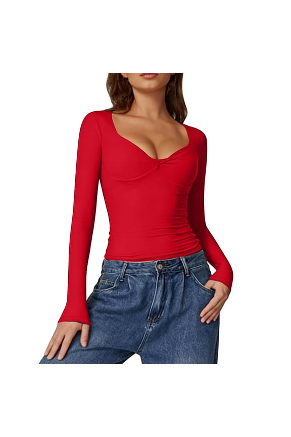Womens Long Sleeve Twist Front V Neck T Shirts Slim Fit Trendy Solid Color Spring Casual Tops Tee Red S