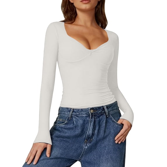 XPMWRP Womens Long Sleeve Twist Front V Neck T Shirts Slim Fit Trendy Solid Color Spring Casual Tops Tee White S