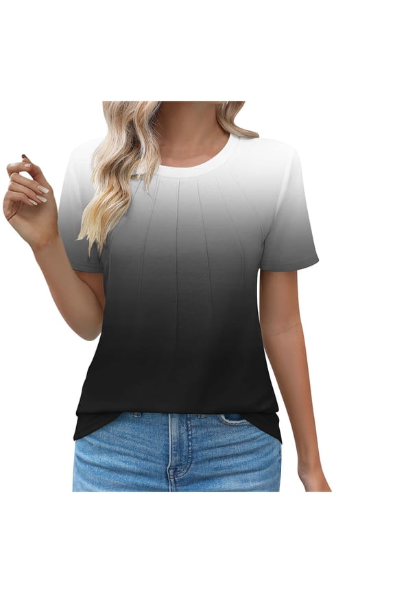 Womens Ombre Pleated Front T-Shirt Casual Crew Neck Short Sleeve Tops Blouses Fashionable Spring Clothes Black S