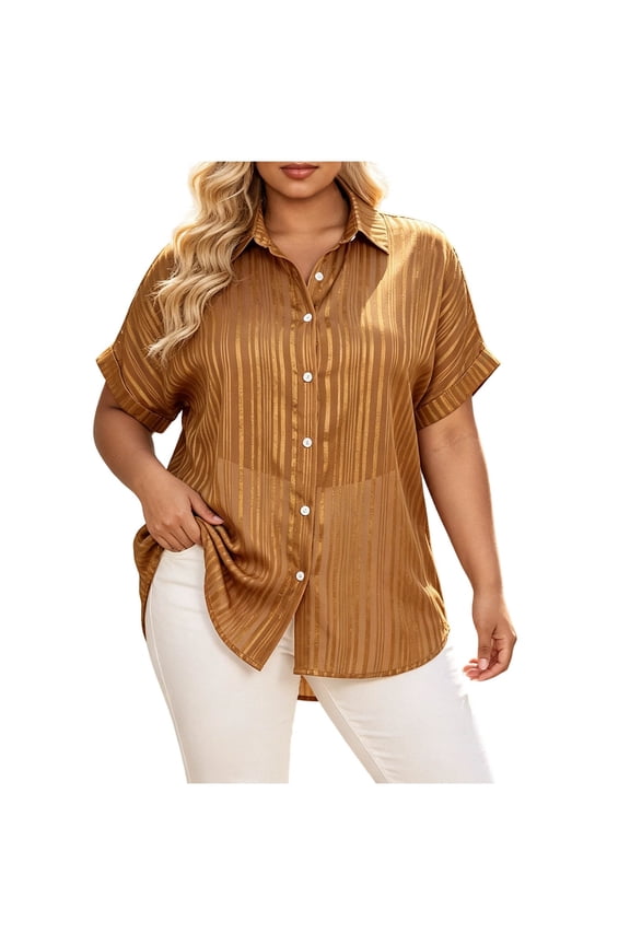 Womens Plus Size Striped Button Down Shirt Collared Short Sleeve Blouse Casual Loose Fit Semi Sheer Work Tops Gold XXL