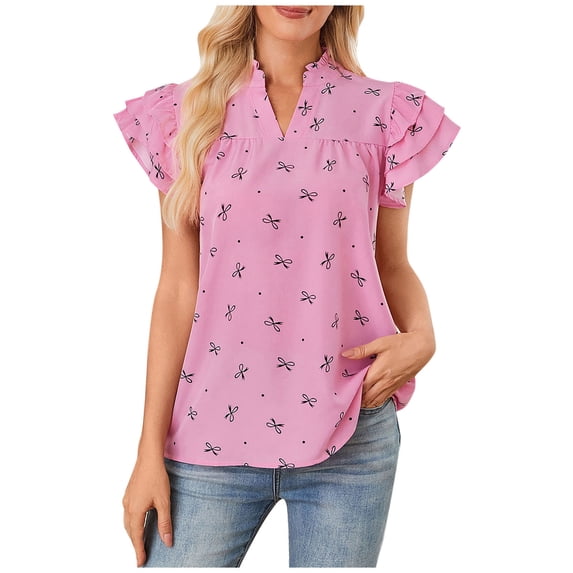 XPMWRP Womens Ruffle Cap Sleeve Tops Summer Fashion Bow Printed V Neck Lightweight Chiffon Blouses Cute Tunic Shirts Pink S