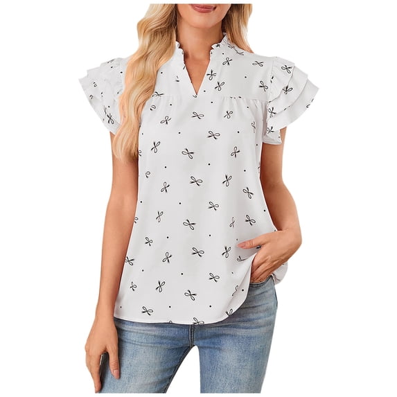 XPMWRP Womens Ruffle Cap Sleeve Tops Summer Fashion Bow Printed V Neck Lightweight Chiffon Blouses Cute Tunic Shirts White M