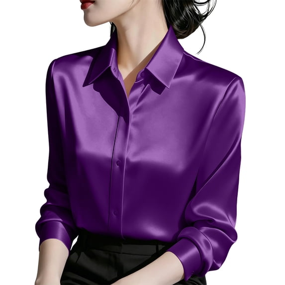 XPMWRP Womens Satin Silk Like Button Down Shirt Collared Long Sleeve Blouse Elegant Casual Loose Fit Work Office Tops Purple S