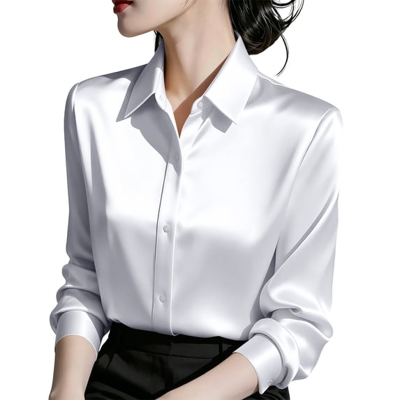 XPMWRP Womens Satin Silk Like Button Down Shirt Collared Long Sleeve Blouse Elegant Casual Loose Fit Work Office Tops White S