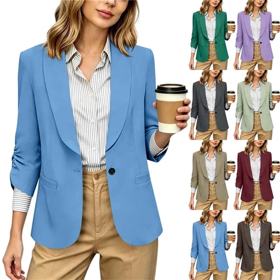 XPMWRP Womens Shawl Lapel Single Button Ruched Sleeve Blazer Long Sleeve Casual Office Relaxed Fit Sport Coat With Flap Pockets Khaki L