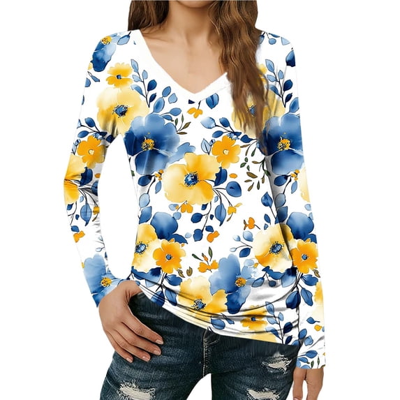 XPMWRP Womens Shirts V Neck Long Sleeve Floral Printed Slim Fit Comfy Basic Fashion Regular T-Shirt Blouse Pullover Tops Yellow L