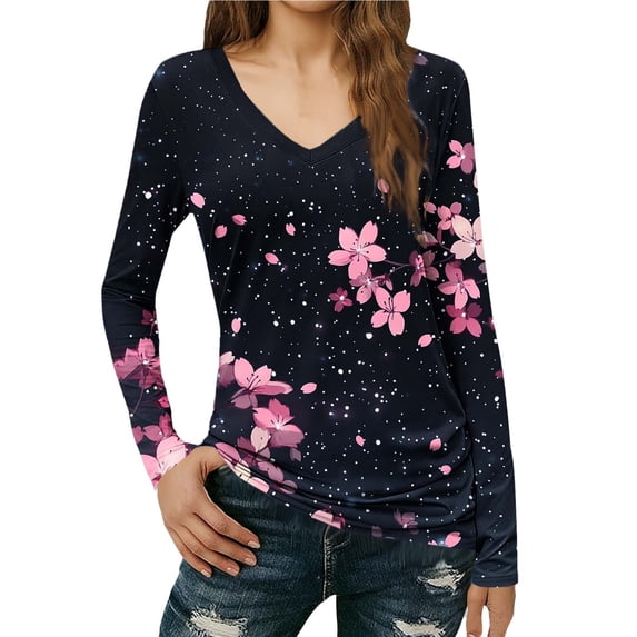 XPMWRP Womens Shirts V Neck Long Sleeves Floral Printed Slim Fit Comfy Basic Fashion Regular T-Shirt Blouse Pullover Tops Pink XXL