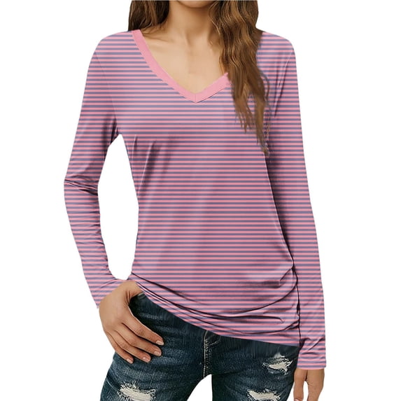 XPMWRP Womens Shirts V Neck Long Sleeves Stripe Printed Slim Fit Comfy Basic Fashion Regular T-Shirt Blouse Pullover Tops Pink XL