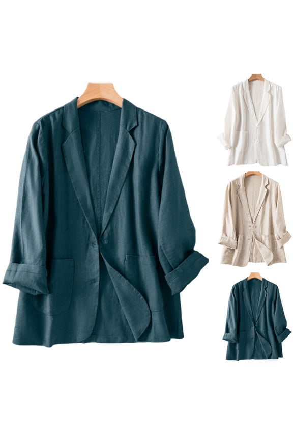 Womens Single Button Roll Up Sleeve Linen Blend Oversized Blazer Notched Lapel Casual Loose Fit Jacket Beige XXL