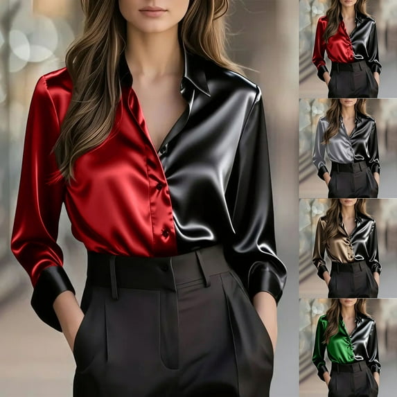 XPMWRP Womens Soft Satin Silk Button Down Color Block Shirts Silky Long Sleeve Casual Loose Work Shirt Dress Blouses Tops for Ladies Green S