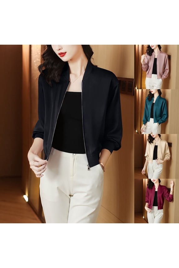 Womens Stand Collar Full Zip Satin Bomber Jacket Cropped Lightweight Casual Silk Feel Outerwear With Side Pockets Green XXL