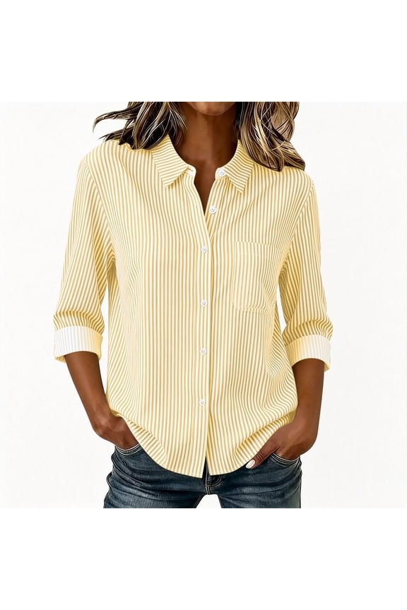 Womens Striped Button Down 3/4 Sleeve Shirt Collared Casual Loose Fit Blouse with Roll Tab Sleeves and Chest Pocket Yellow XS