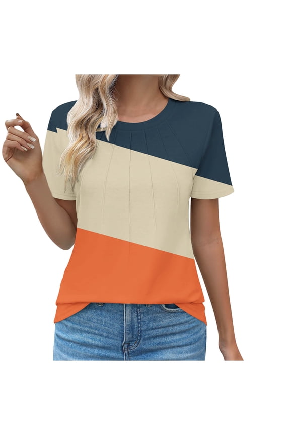 Womens Striped Pleated Front T-Shirts Crew Neck Short Sleeve Color Block Spring Casual Blouse Orange XXXL
