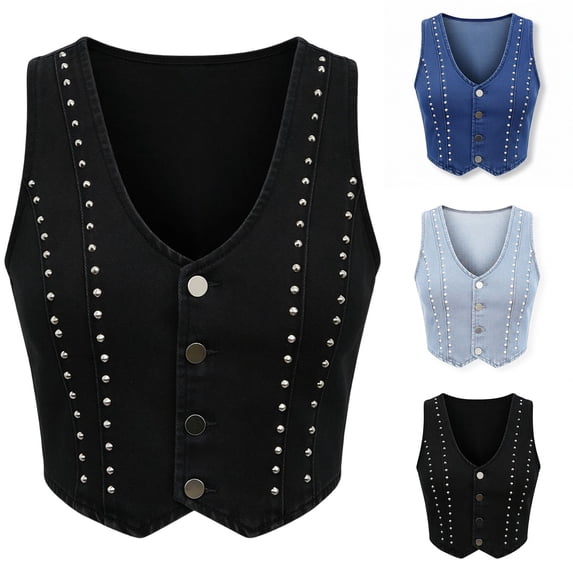 XPMWRP Womens Studded V Neck Button Down Cropped Denim Vest Sleeveless Casual Waistcoat Layering Jacket Light Blue M