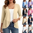 thumbnail image 1 of XPMWRP Womens Three Quarter Sleeve Open Front Knit Cardigan Curved Hem Lightweight Layering Sweater Jacket Beige XL, 1 of 9