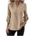 thumbnail image 1 of XPMWRP Womens Tops 3/4 Length Sleeve Pullover Cotton Linen V Neck Button Down Blouse Loose Fit Casual Everyday Wear Shirt Khaki L, 1 of 7