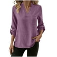 thumbnail image 1 of XPMWRP Womens Tops 3/4 Length Sleeve Pullover Cotton Linen V Neck Button Down Blouse Loose Fit Casual Everyday Wear Shirt Purple L, 1 of 7