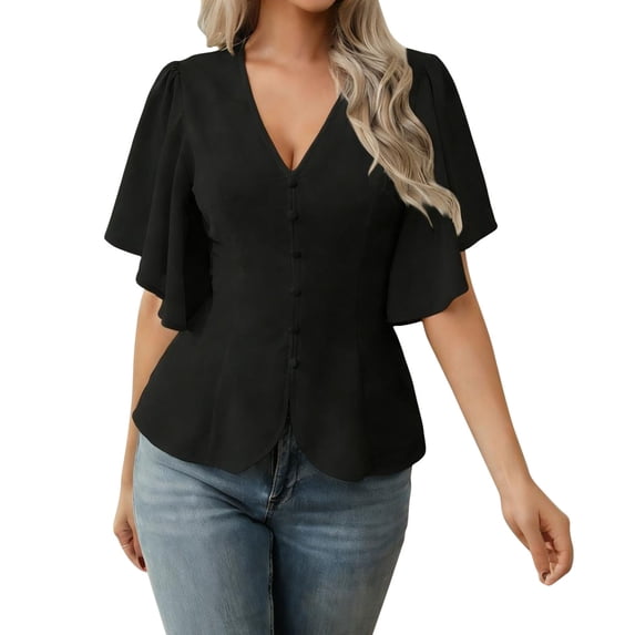 XPMWRP Womens Tops Dressy Casual V Neck Business Casual Blouses Ruffle Short Sleeve Work Shirts Spring Trendy Clothes Black XXL
