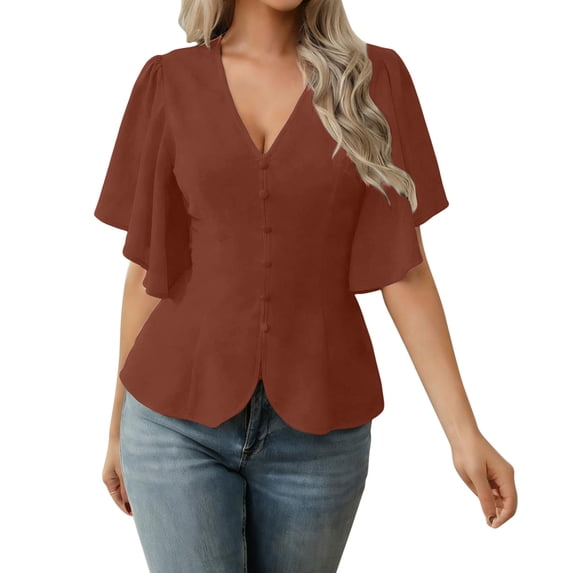 XPMWRP Womens Tops Dressy Casual V Neck Business Casual Blouses Ruffle Short Sleeve Work Shirts Spring Trendy Clothes Brown XL