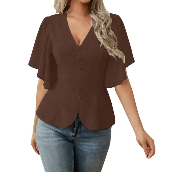 XPMWRP Womens Tops Dressy Casual V Neck Business Casual Blouses Ruffle Short Sleeve Work Shirts Spring Trendy Clothes Coffee L