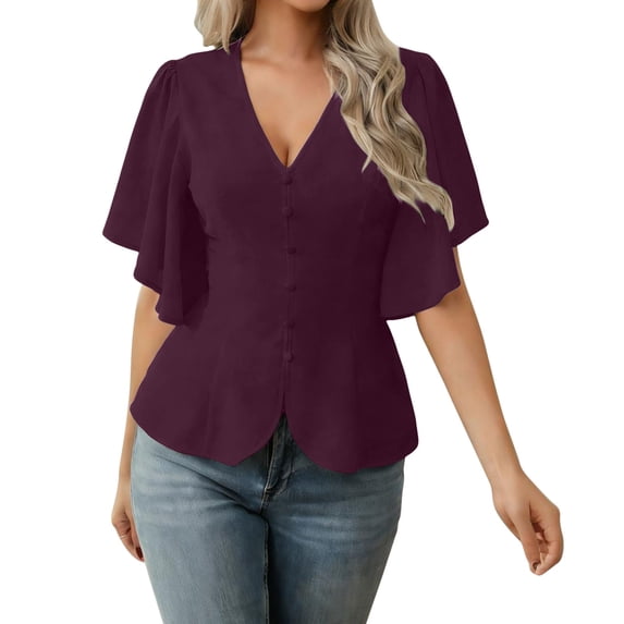 XPMWRP Womens Tops Dressy Casual V Neck Business Casual Blouses Ruffle Short Sleeve Work Shirts Spring Trendy Clothes Red XXL