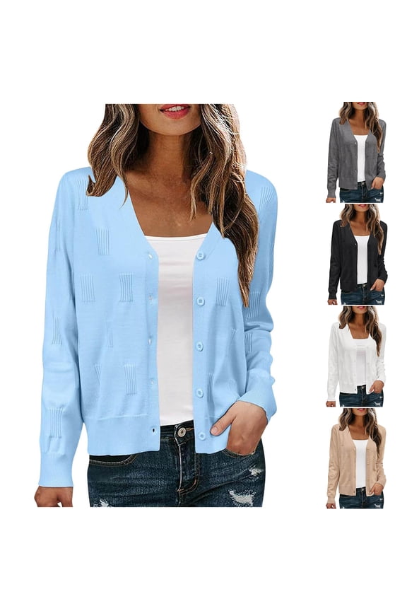 Womens V Neck Embossed Textured Button Down Cropped Knit Cardigan Long Sleeve Lightweight Sweater Jacket Gray XXL