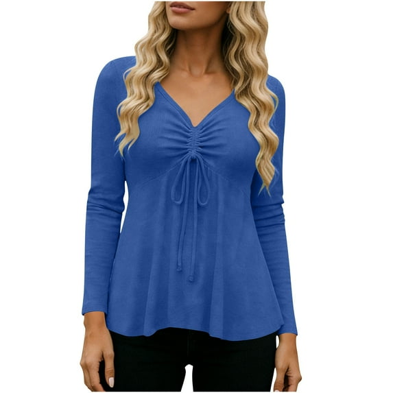 XPMWRP Womens V Neck Peplum Tunic Ruched Drawstring Front Long Sleeve Babydoll Solid Color Casual Flowy Blouse Tops Blue XXL