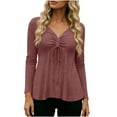 thumbnail image 1 of XPMWRP Womens V Neck Peplum Tunic Ruched Drawstring Front Long Sleeve Babydoll Solid Color Casual Flowy Blouse Tops Brown XL, 1 of 9
