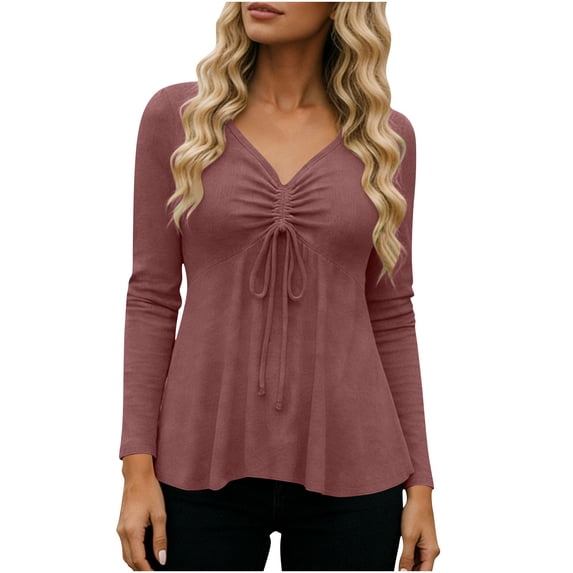 XPMWRP Womens V Neck Peplum Tunic Ruched Drawstring Front Long Sleeve Babydoll Solid Color Casual Flowy Blouse Tops Brown XL