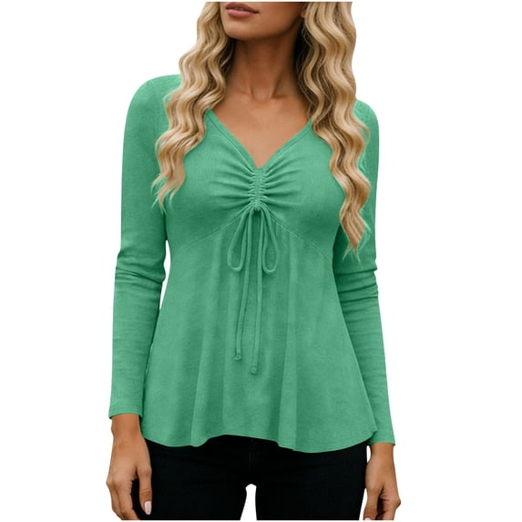 XPMWRP Womens V Neck Peplum Tunic Ruched Drawstring Front Long Sleeve Babydoll Solid Color Casual Flowy Blouse Tops Green XL