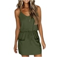 thumbnail image 1 of XPMWRP Womens V Neck Sleeveless Mini Dress with Pockets Drawstring Waist Casual Sundress Summer Beach & Daily Wear Short Dress Army Green L, 1 of 5