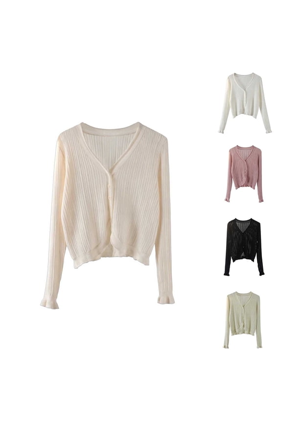 Womens V Neck Vertical Ribbed Ruffle Hem Cropped Knit Cardigan Long Sleeve Lightweight Button Front Sweater Jacket Pink M
