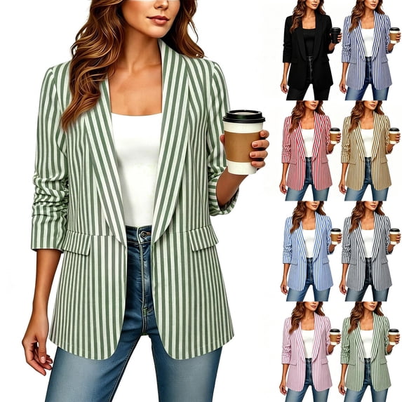 XPMWRP Womens Vertical Striped Notched Lapel Blazer Roll Up Three Quarter Sleeve Open Front Casual Relaxed Fit Jacket Red XL