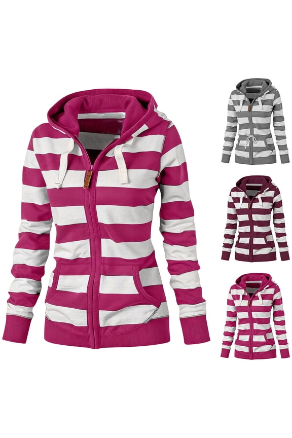 Womens Zip Up Hoodies Casual Oversized Striped Hoodies Sweatshirts Plain Zipper Classic Hooded Jackets with Pockets Wine S