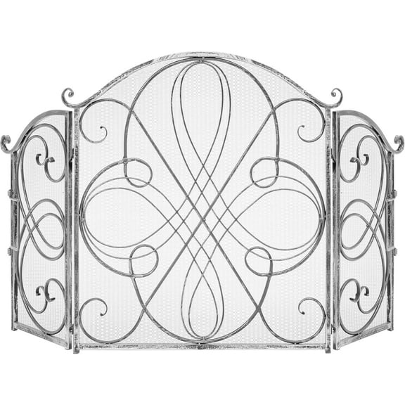 XPOPR 3-Panel 55x33in Solid Wrought Iron See-Through Metal Fireplace Screen, Spark Guard Safety Protector w/Decorative Scroll - Pewter