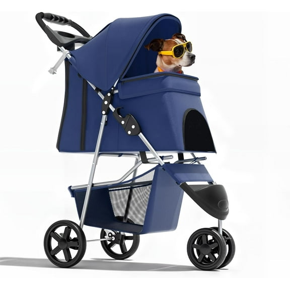 XPOPR 3-Wheel Pet Stroller, Foldable Travel Jogger for Small & Medium Dogs & Cats (Up to 33lbs), Lightweight Carrier with Breathable Mesh Cover, Cup Holder & Storage Basket, Navy Blue