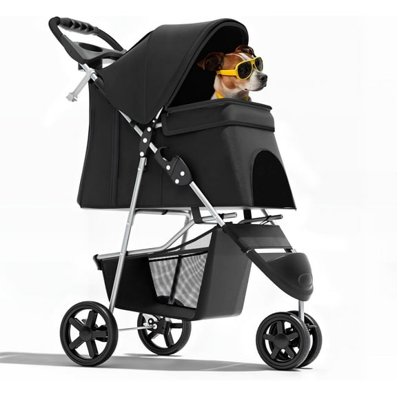 XPOPR 3-Wheel Pet Stroller, Foldable Travel Jogger for Small & Medium Dogs & Cats (Up to 33lbs), Lightweight Carrier with Breathable Mesh Cover, Cup Holder & Storage Basket, Black