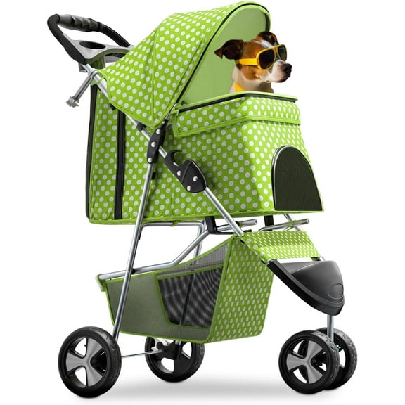 XPOPR 3-Wheel Pet Stroller, Foldable Travel Jogger for Small & Medium Dogs & Cats (Up to 33lbs), Lightweight Carrier with Breathable Mesh Cover, Cup Holder & Storage Basket, Lawn Green Polka Dots
