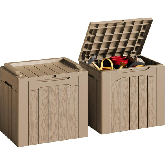 XPOPR 31 Gallon Resin Deck Box Waterproof Indoor Outdoor Storage Boxes for Patio Furniture Cushions and Garden Tools (Light Brown, 31gallon-2 Packs)