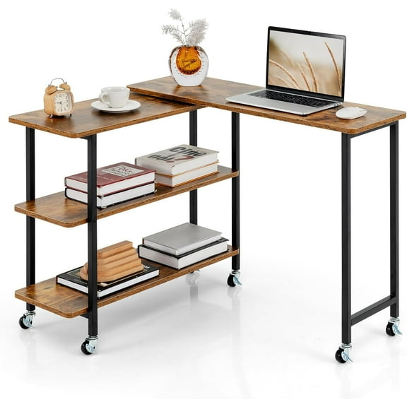 XPOPR 360° Rotating Sofa Side Table, Patented Mobile End Table with 2-Tier Storage Shelves, Swivel Rolling Desk with 6 Lockable Casters, Metal Frame Brown