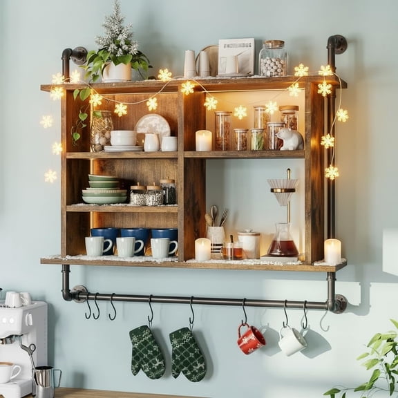 XPOPR 4-Tier Industrial Pipe Shelving, 37.4" Kitchen Shelf with LED Light, Floating Shelves with 8 S-Hooks for Kitchen, Living Room, Home Office Bar, Rustic Brown