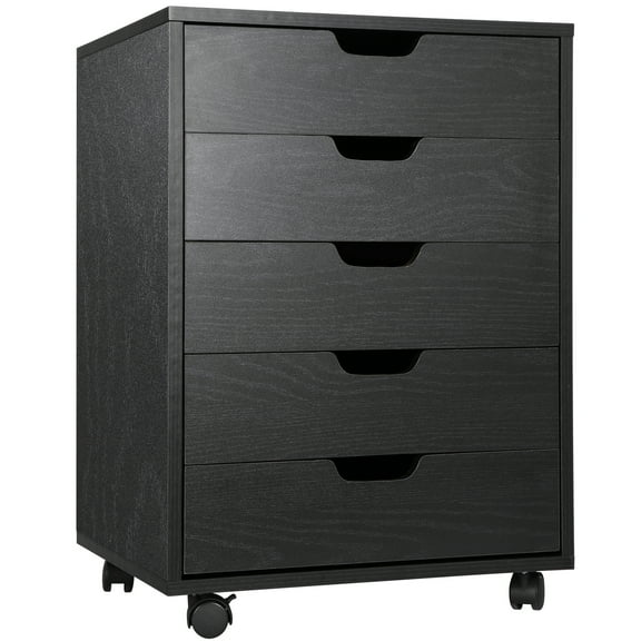 XPOPR 5 Drawer Chest Mobile Storage Cabinets Small Wooden Dresser with Wheels Room Organization Furniture for Office Home Black