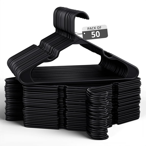 XPOPR 50 Pack Adult Plastic Hanger for Shirt Pants Coats Dresses Skirts Suits Jackets - Standard Thick Coat Hanger - Sturdy & Durable Design with Shoulder Grooves Hook - Black